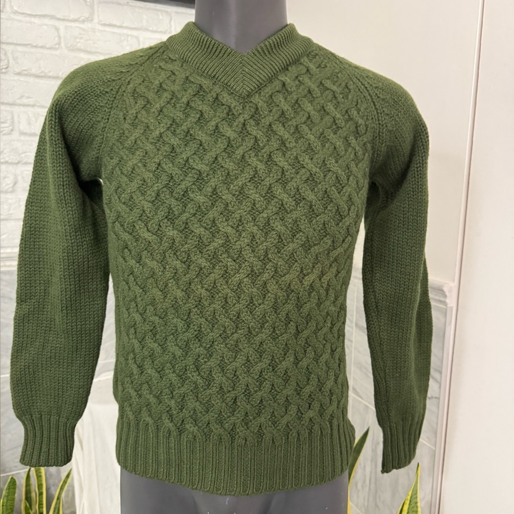 100% wool Men's Green Cable Knit Sweater with unusual knitting.